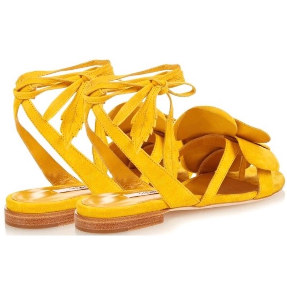 Olgana Paris Floral Detail, Wrap Around Flat Sandal. Marigold Yellow Suede.